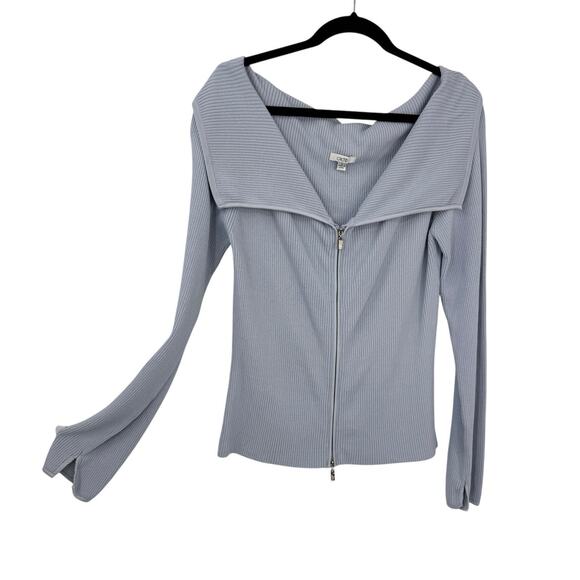 Cache ribbed knit zip up top wide collar size Large light blue Long Sleeves - Picture 1 of 13